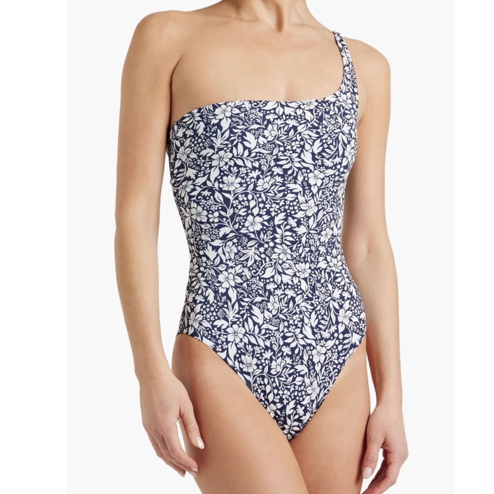 ONIA Wren One Shoulder Floral Print Swimsuit Navy White NWT XS